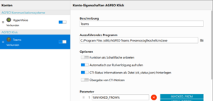 Screenshot AGFEO Dashboard automatische Einrichtung der AGFEO Klick Funktion für bidirektionalen Statusabgleich mit MS Teams