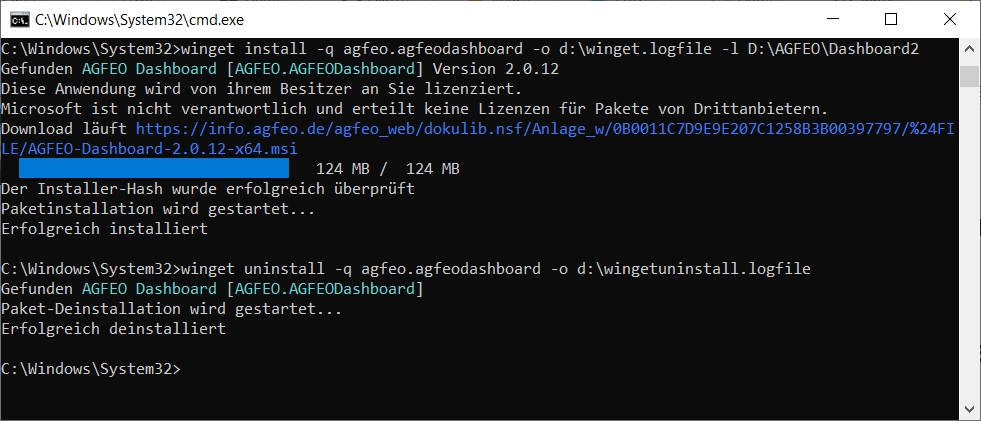 WinGet Installationsbeispiel AGFEO Dashboard CTI/UC/VideoChat Client