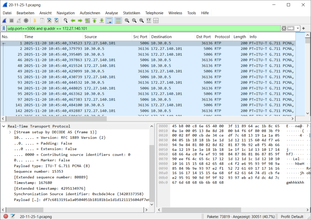 Screenshot Wireshark Filter und RTP Stream Analyse