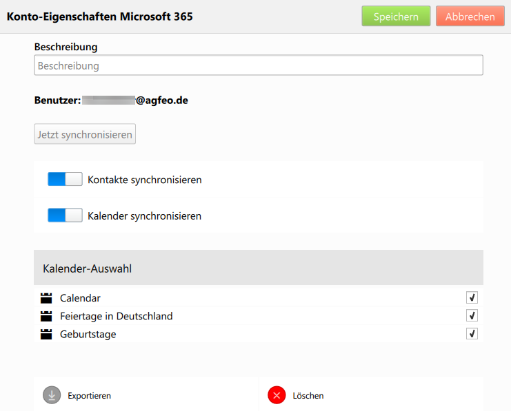 Einrichtungsdialog M365 Konto im AGFEO Dashboard ab v2.4.0 mit Synchronisation von Kalender und/oder Kontaktdaten