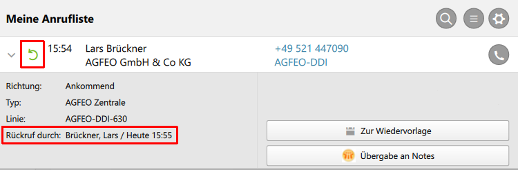 Screenshot AGFEO Anrufliste mit neuem "Zurückgerufen von" Symbol und konkretem Textinhalt wer/wann