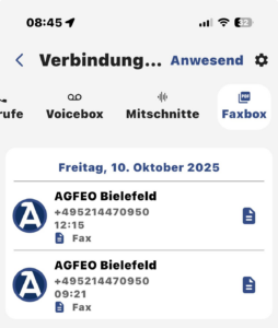 Screenshot AGFEO Faxabruf über Handy App
