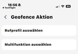 Screenshot AGFEO Dashboard 2 App Geofencing Funktion auswählen (Rufprofil oder Multifunktion)