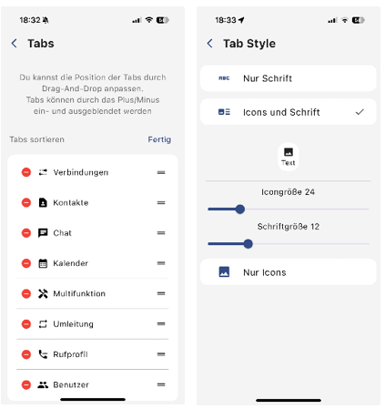 Screenshot AGFEO Dashboard 2 App - Individuelle Einstellungen der Menüansichten und Symbolik  