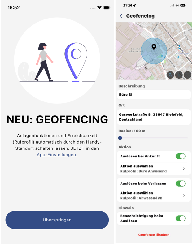 Screenshot AGFEO Dashboard 2 App automatische Präsenzumschaltung durch Standorterkennung mittels Geofencing