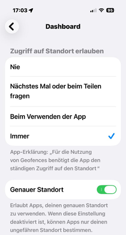 Screenshot AGFEO Dashboard 2 App - Ortungsdienste Standortfreigaben im SmartPhone auf "immer" setzen