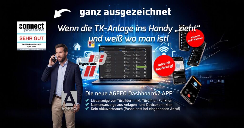 AGFEO Dashboard 2
Note „𝗦𝗲𝗵𝗿 𝗴𝘂𝘁“ im aktuellen Test der connect professional