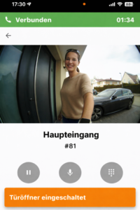 Screenshot APP AGFEO Dashboard 2 mit Türfunktionen, Kamerabild und Öffner