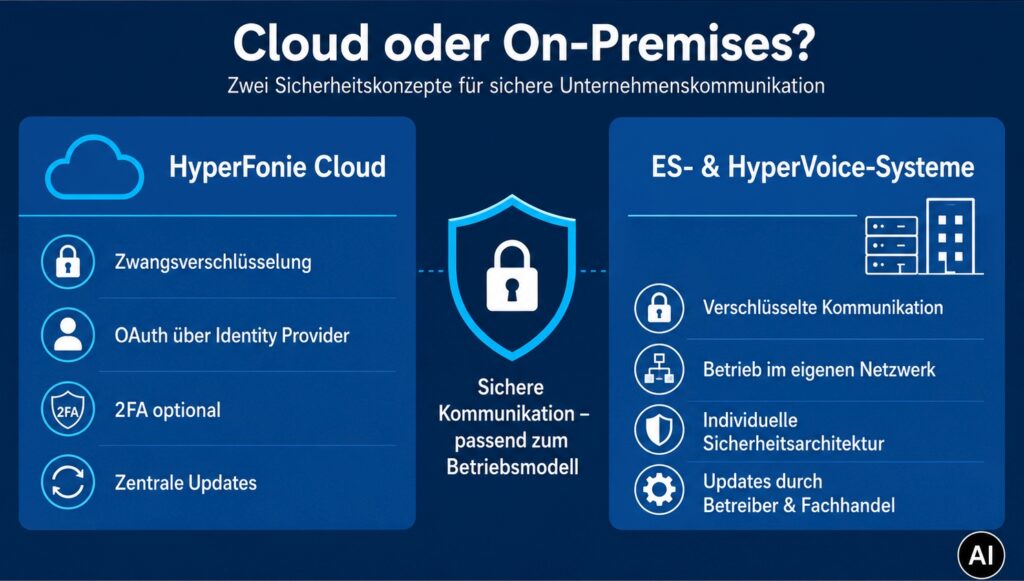 KI erstellt - NIS2 im Unternehmensalltag. AGFEO Telefonanlage. Cloud oder on-premise? Sichere Kommunikation passend zum Betriebsmodell.