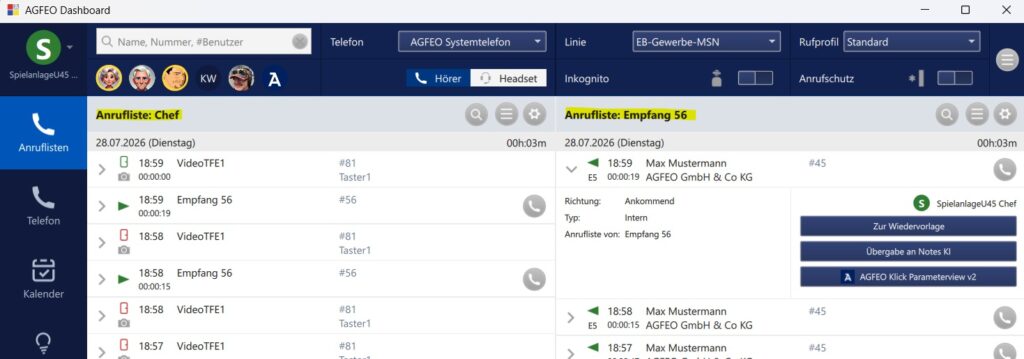 Teamfähige globale Anrufliste - Ansicht verschiedener freigegebener Anruflisten anderer Benutzer AGFEO Dashboard PC Client